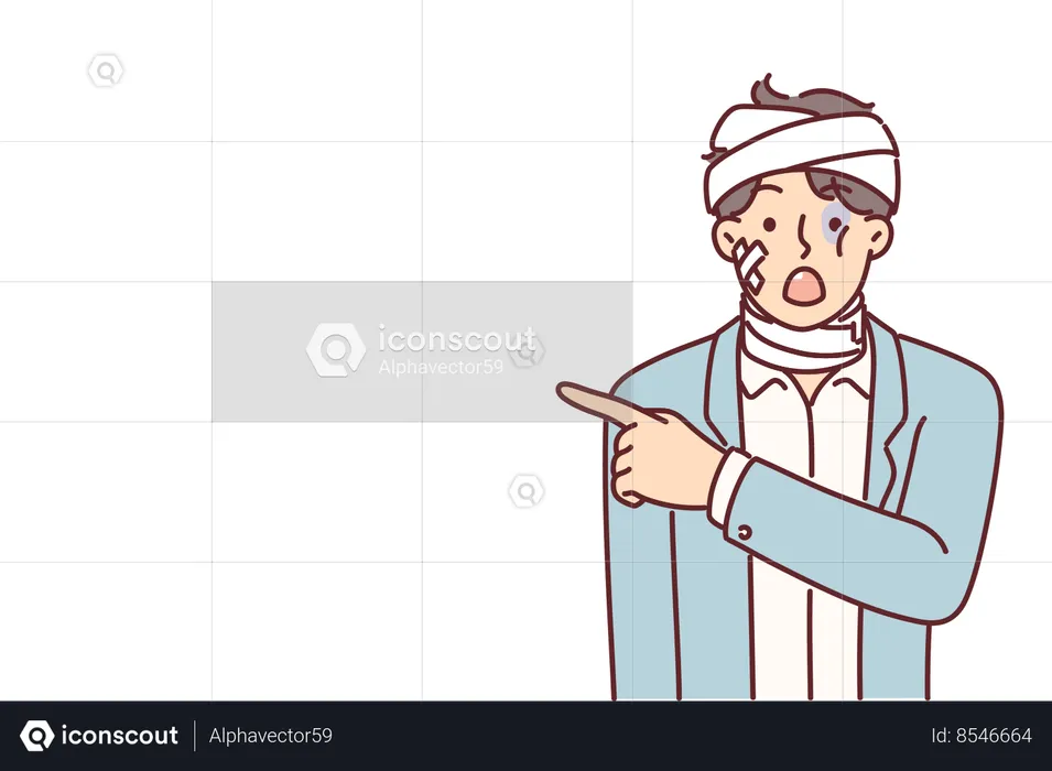 Man with bandages and plaster points finger at copy space after getting into car accident  Illustration
