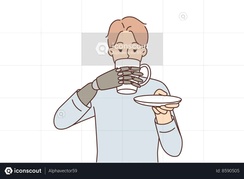 Man with bionic prosthetic arm drinks coffee  Illustration