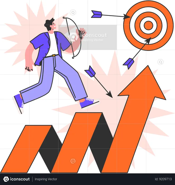 Man with bow and arrow trying to achieve target  Illustration