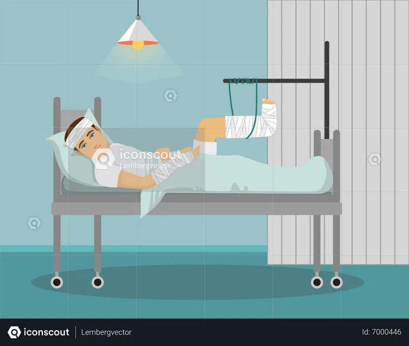 Man with broken leg and hand on hospital bed  Illustration