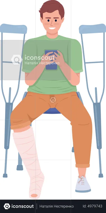 Man with broken leg looking at phone  Illustration