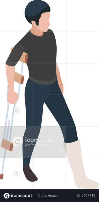 Man with broken leg walking with help of crutches  Illustration