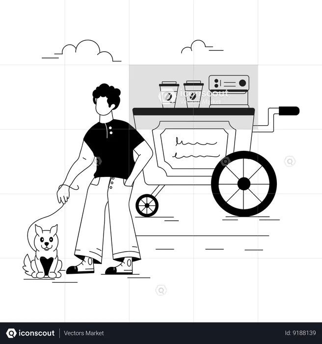 Man with cat at Coffee Cart  Illustration