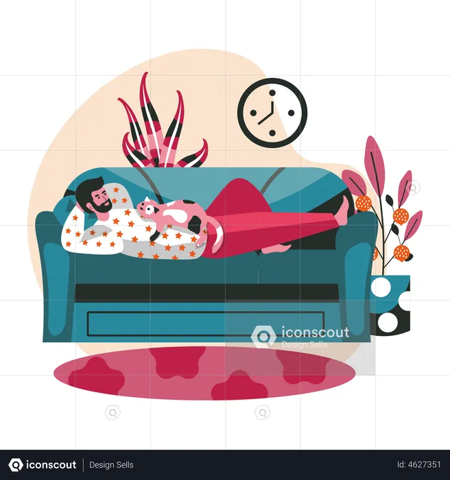 Man with cat lies on couch  Illustration