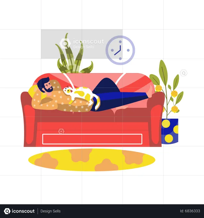 Man with cat lies on couch  Illustration