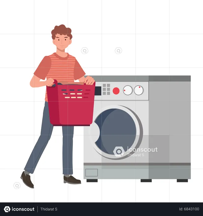 Man with cloth basket and doing laundry  Illustration
