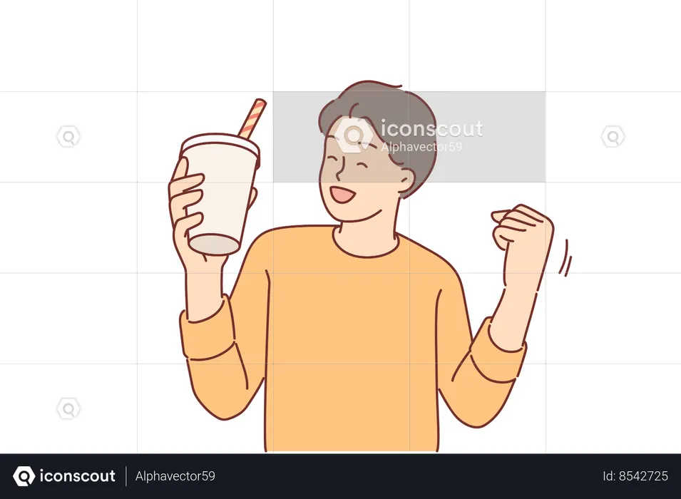 Man with cocktail in paper glass makes victory gesture  Illustration