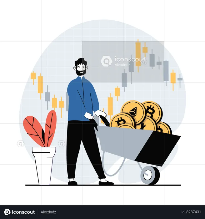 Man with crypto trolley  Illustration