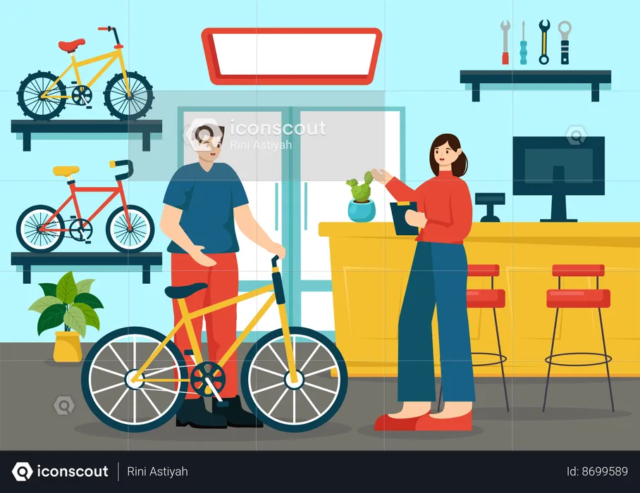 Man With Cycle At Workshop  Illustration