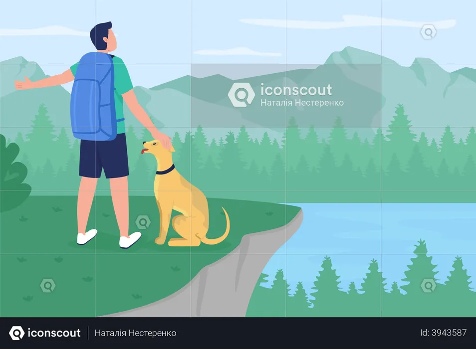 Man with dog standing at mountain peak  Illustration