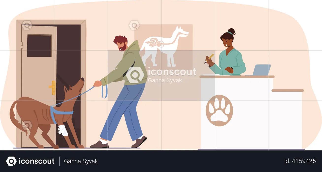 Man with Dog Visiting Veterinary Clinic  Illustration
