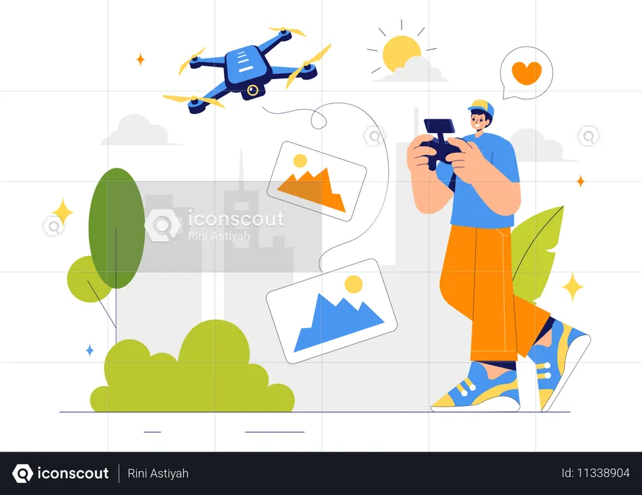 드론을 들고 위에서 공중 사진과 비디오를 촬영하는 남자  일러스트레이션