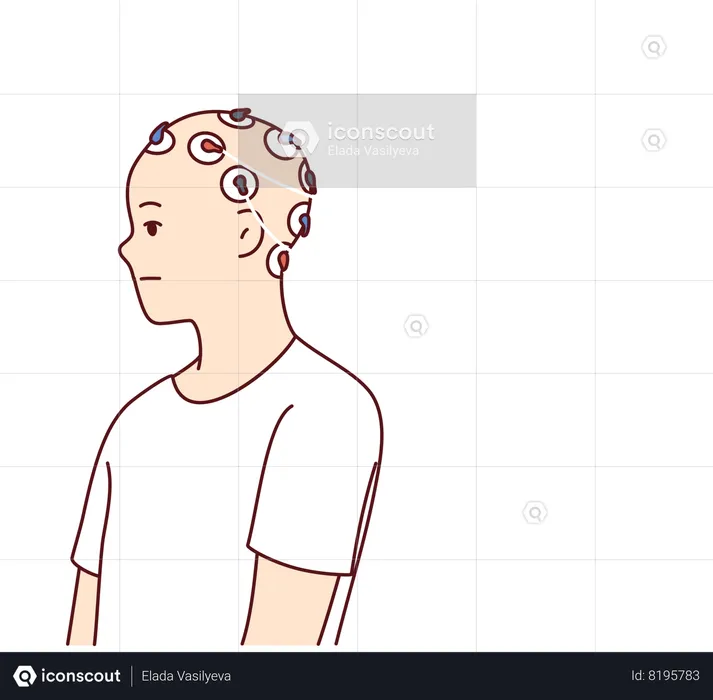 Man with electrodes connected to head to study brain activity and work of neurons or mind control  Illustration
