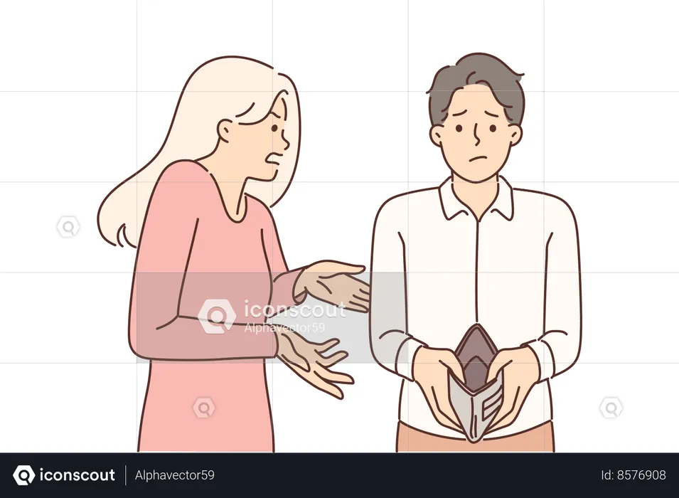 Man with empty wallet and flustered young woman asking what to do  Illustration