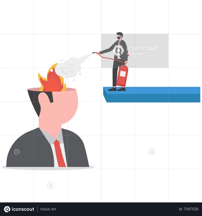 Man with fire extinguisher try to extinguish burning fire on human head  Illustration