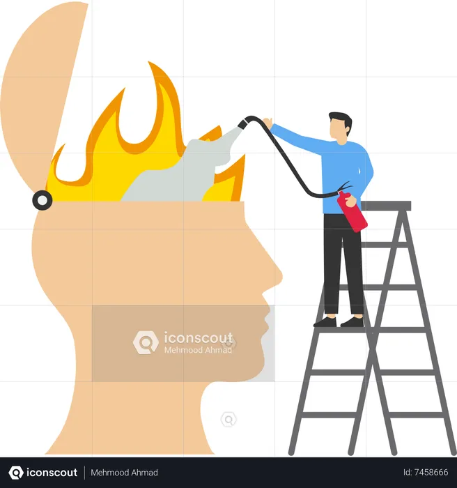 Man with fire extinguisher trying to put out fire burning in human head  Illustration