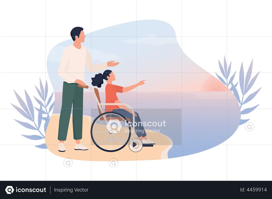 Man with girl sitting on wheelchair on the beach  Illustration