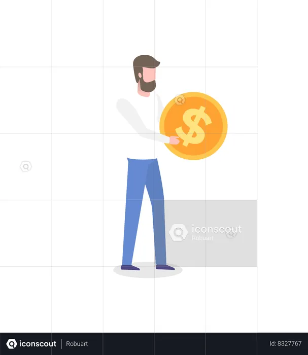 Man with Golden Coin in Hands  Illustration