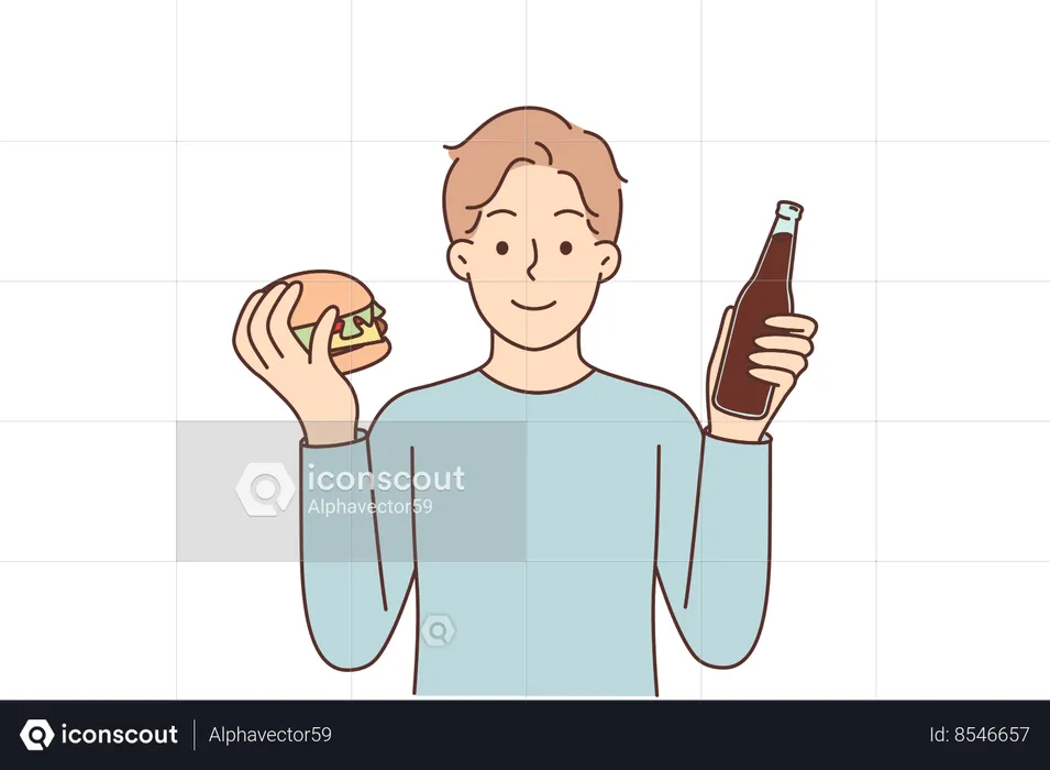 Man with hamburger and soda offers fast food snack or street restaurant with delicious sandwiches  Illustration