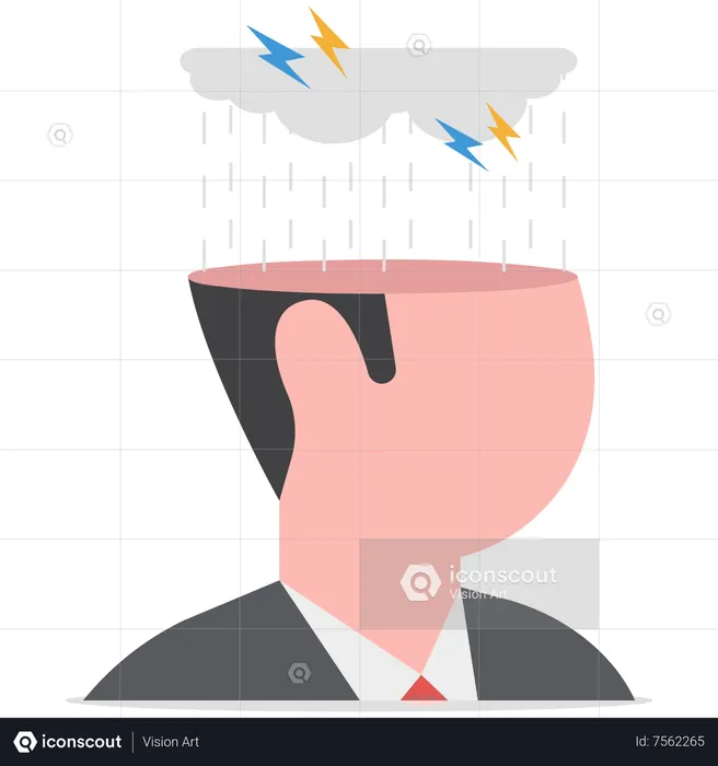 Man with head open reveal his brain with thunder storm raining metaphor of depressed  Illustration