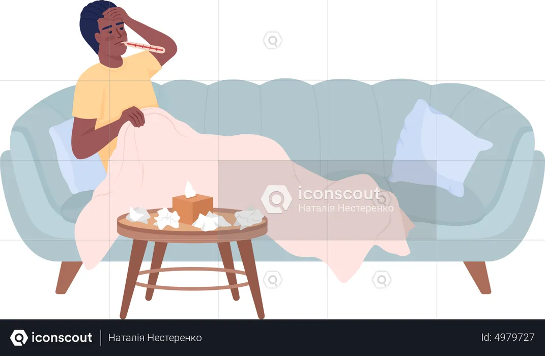 Man with high temperature resting on sofa  Illustration