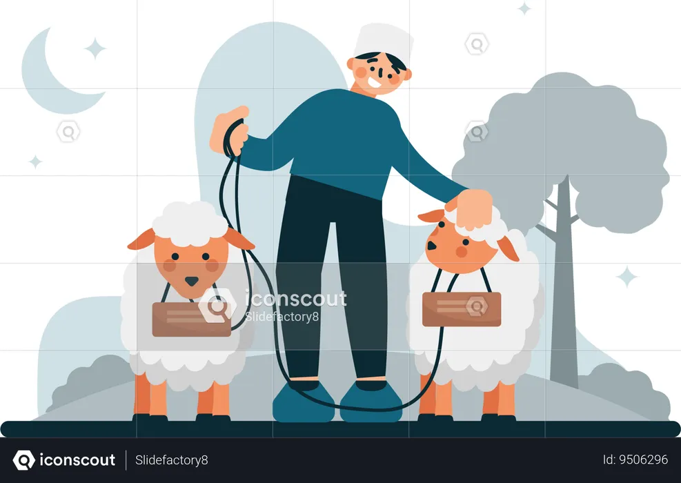 Man with his two pet goats  Illustration