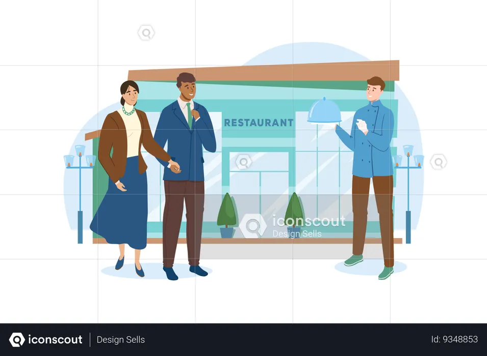 Man with his wife go to the restaurant  Illustration