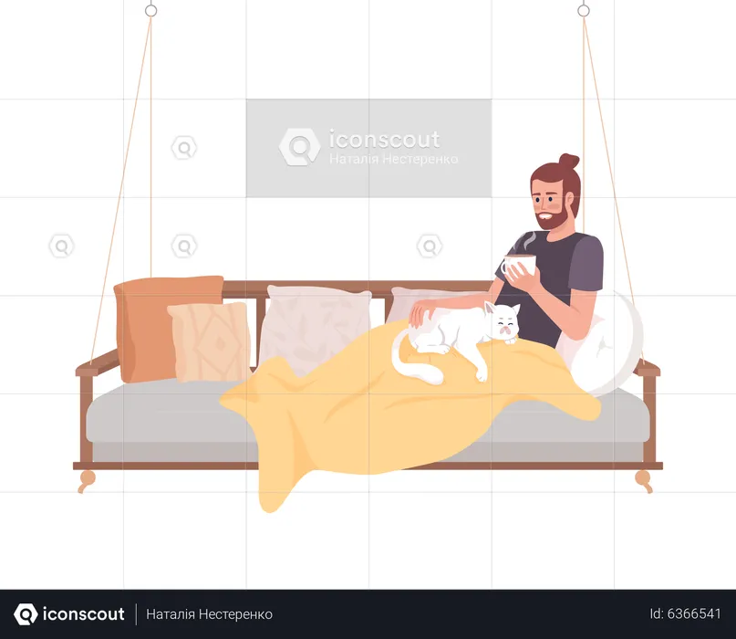 Man with hot drink lying on garden swing with cat  Illustration