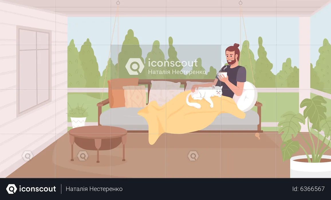 Man with hot drink lying on garden with cat  Illustration