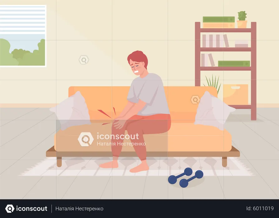 Man with injured knee at home  Illustration