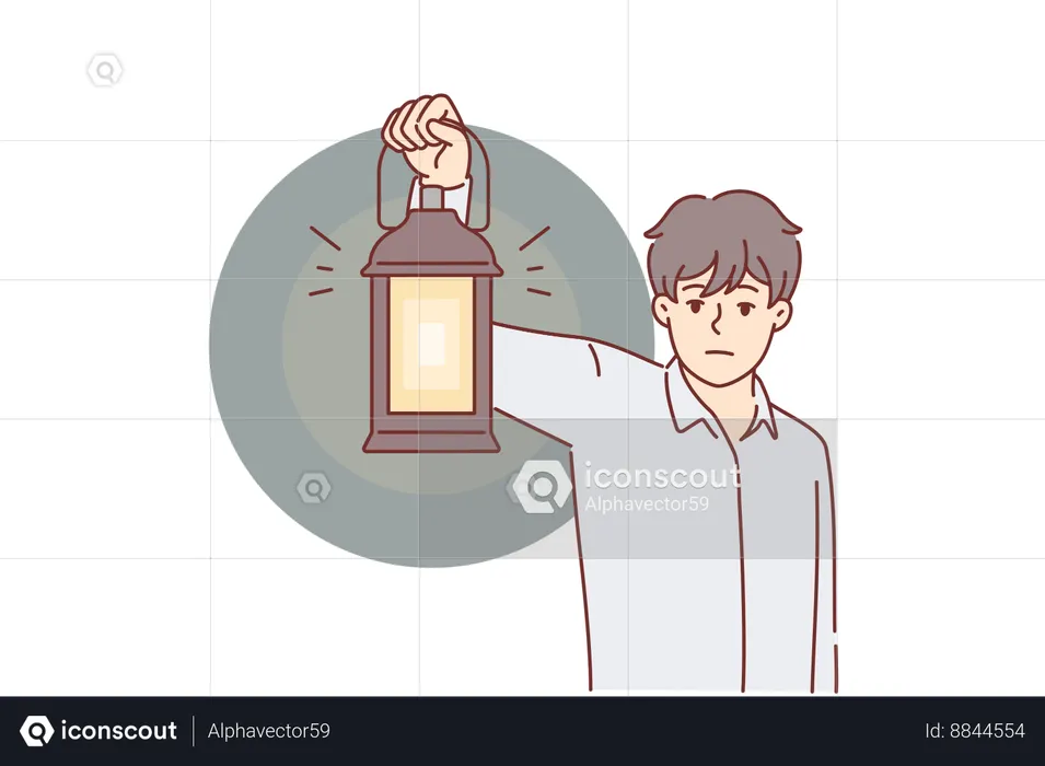 Man with kerosene lamp lights finds way in dark looking for exit out room  Illustration