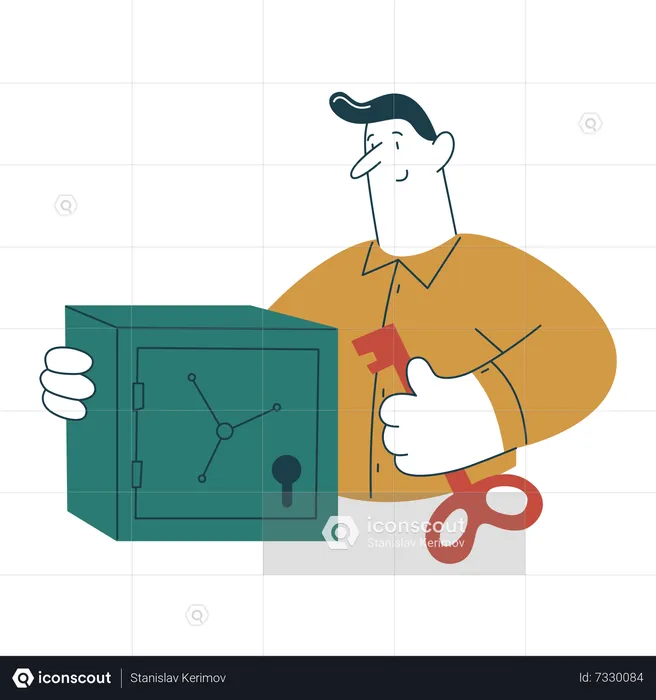 Man with key to access safe locker  Illustration