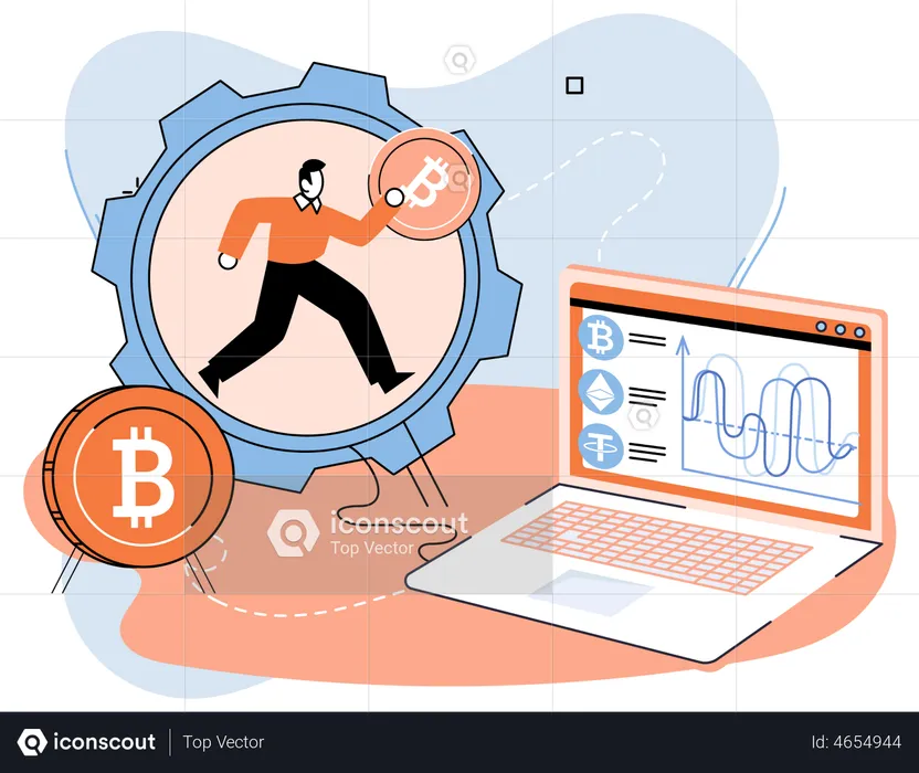 Man with laptop working in bitcoin mine  Illustration