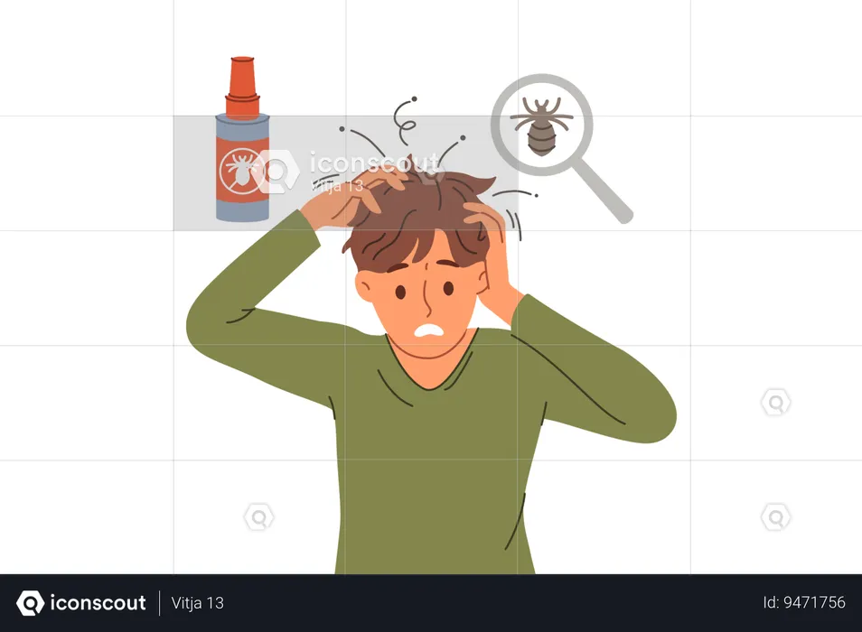 Man with lice in hair experiences discomfort and itching due to parasites needs medical treatment  Illustration