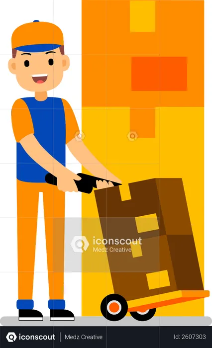 Man with loaded delivery cart  Illustration