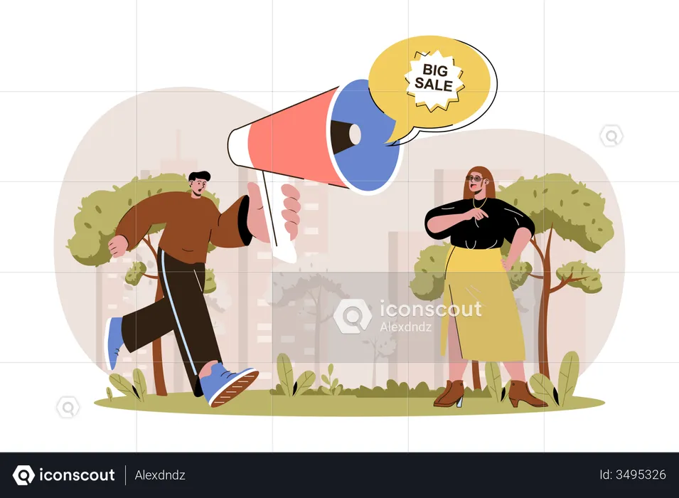 Man with loudspeaker advertises big sale and attracting woman customer to shopping  Illustration