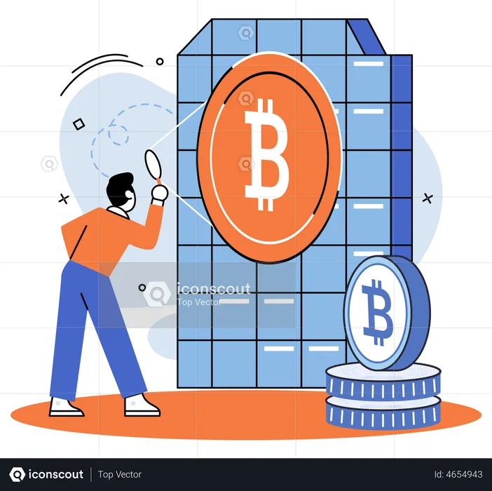 Man with magnifier working in bitcoin mine  Illustration
