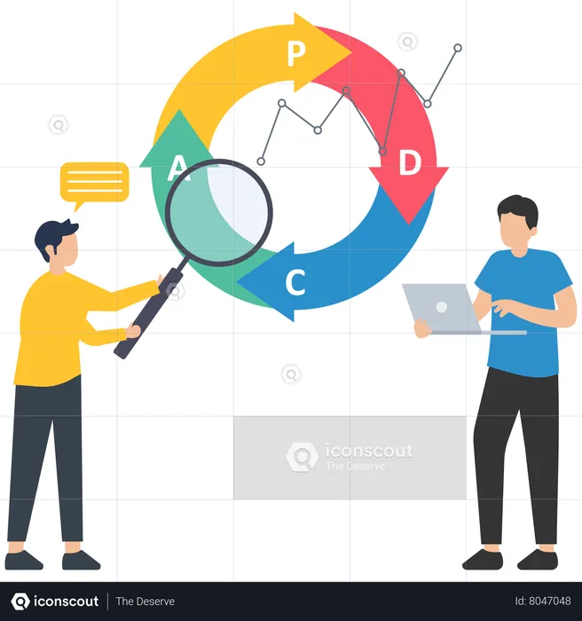 Man with magnifying glass analyzing data  Illustration