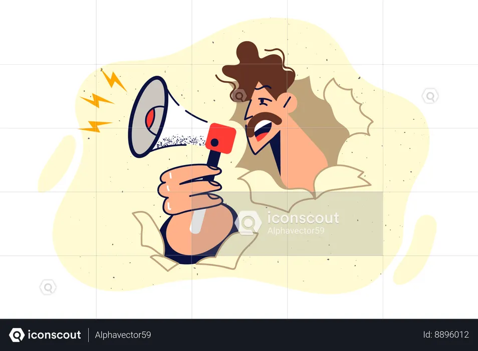 Man with megaphone peeks out of hole in paper and shouts calling for solidarity with protesters  Illustration