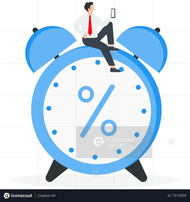 Man with mobile on clock with percent  Illustration