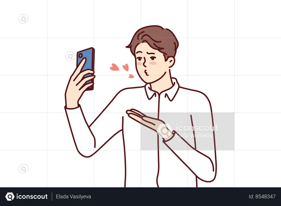 Man with mobile phone sends air kiss to interlocutor during video call to girlfriend  Illustration