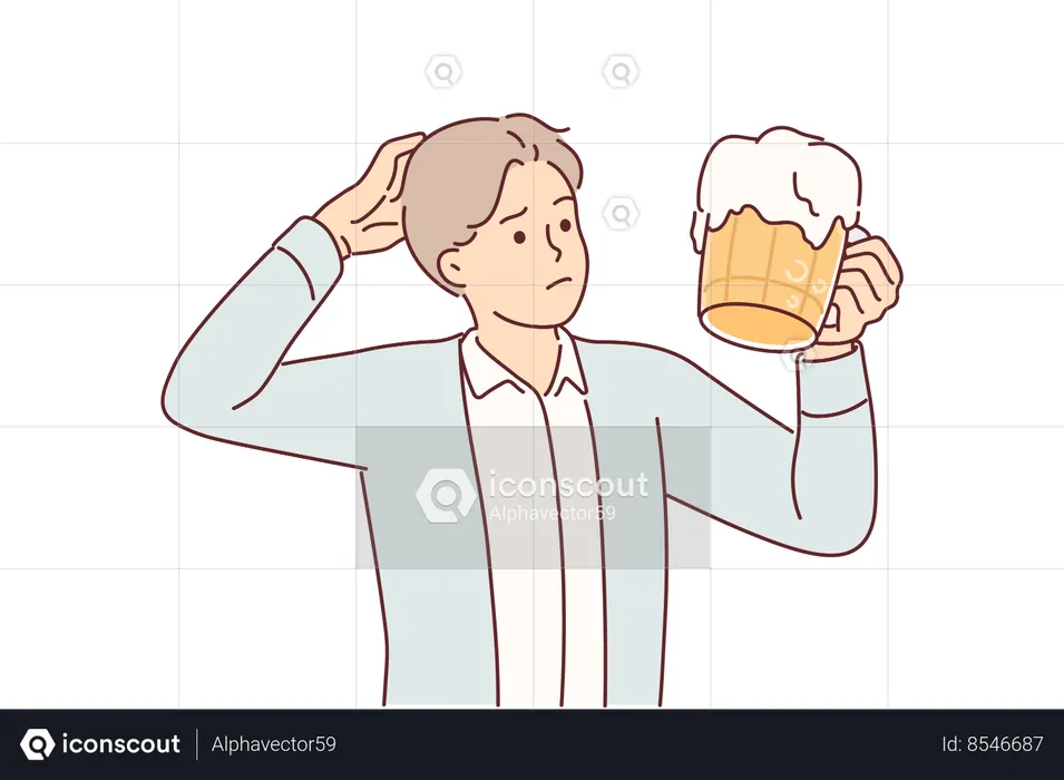 Man with mug beer scratches head and doubts whether it is necessary to drink ale containing alcohol  Illustration