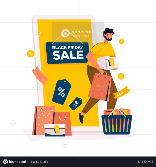 Man with online shopping black friday sale  Illustration