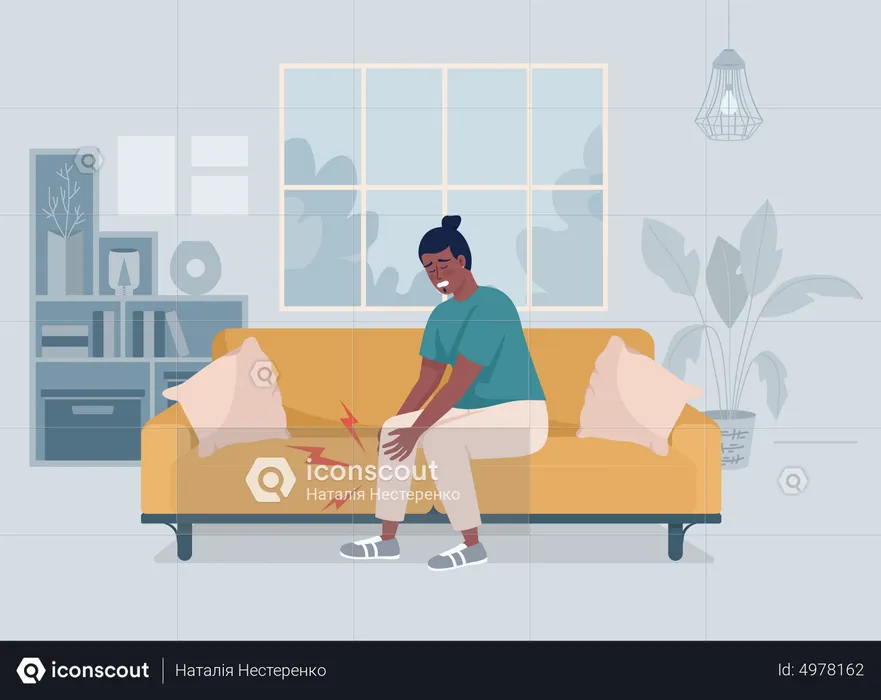 Man with pain in leg muscles at home  Illustration