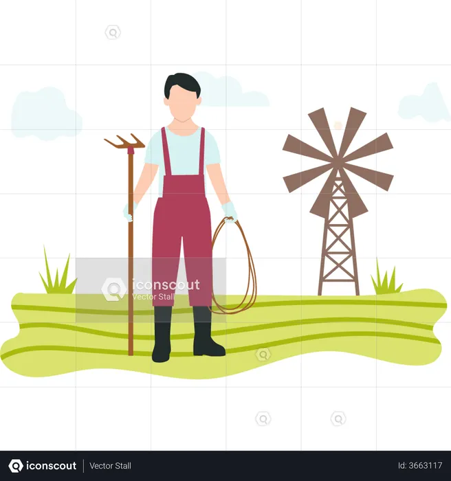 Man with pitchfork standing in farm  Illustration