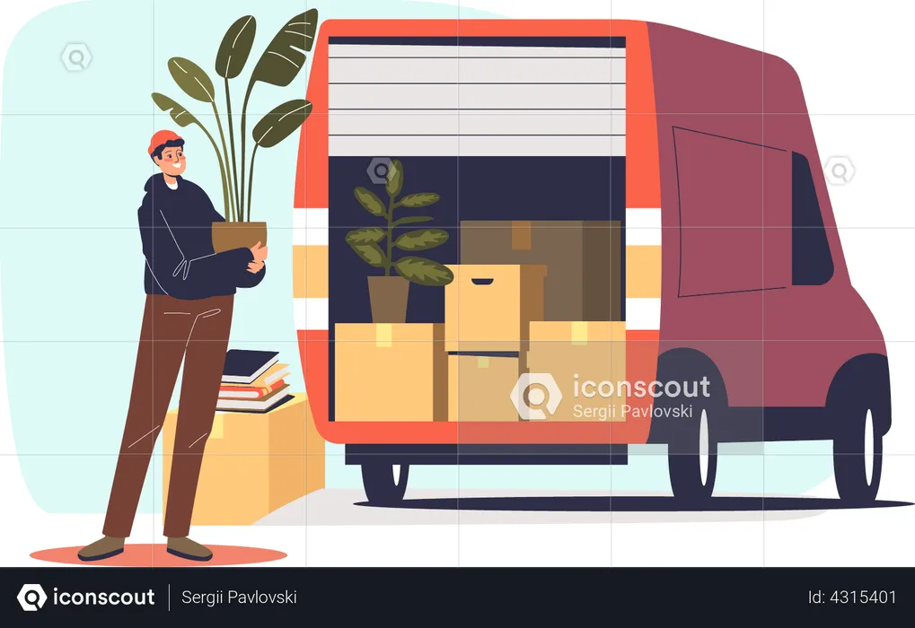 Man with plant at truck car  Illustration
