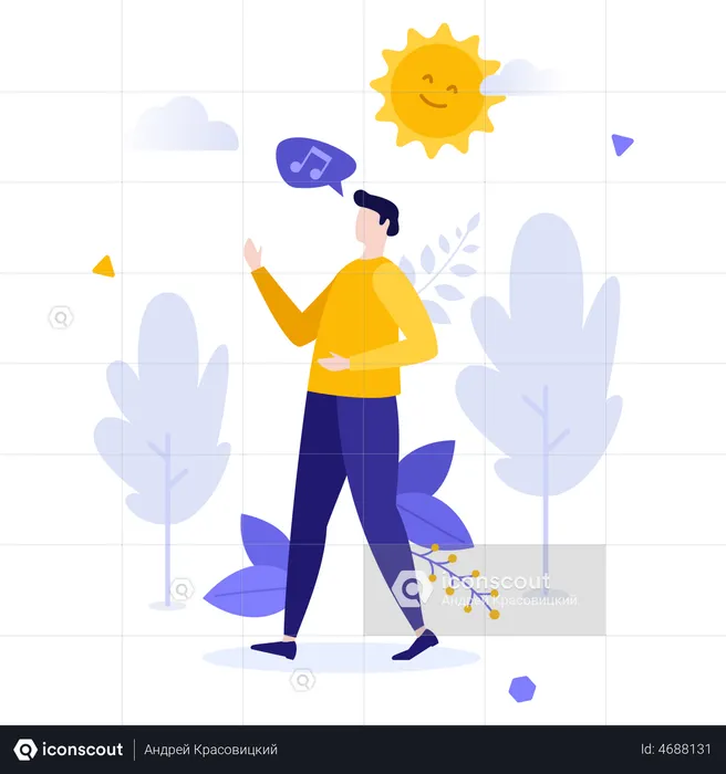 Man with positive mood singing song while walking  Illustration