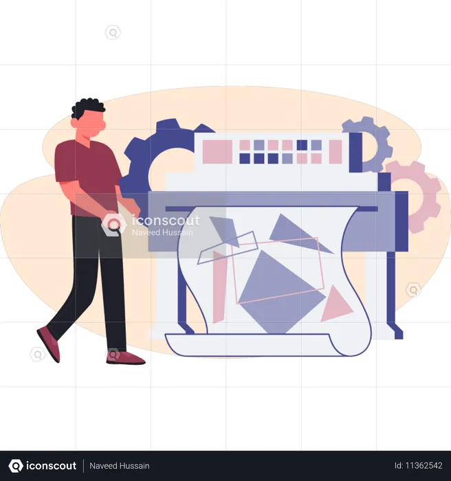 Man with printing machine while carefully adjusting settings and monitoring printing process  Illustration