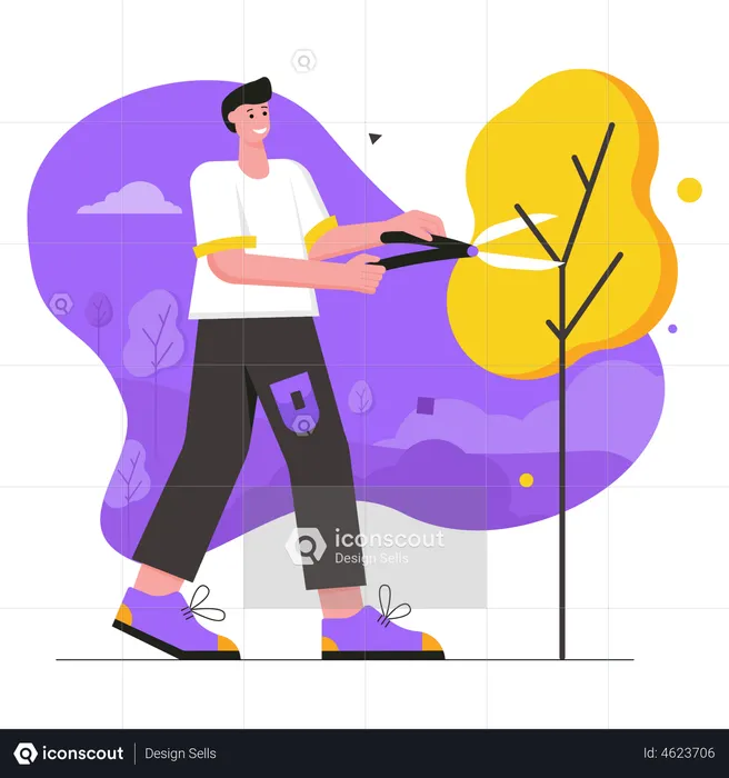 Man with pruner scissors cutting branches on trees  Illustration