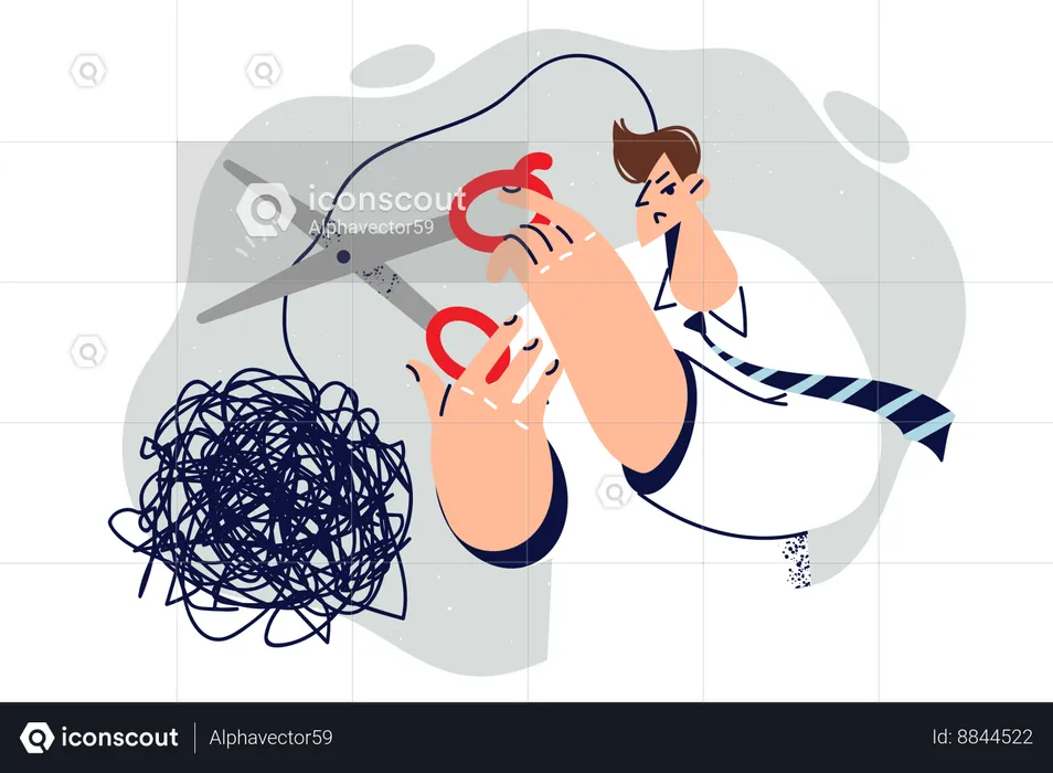 Man with psychological problems cuts off tangled cord  Illustration